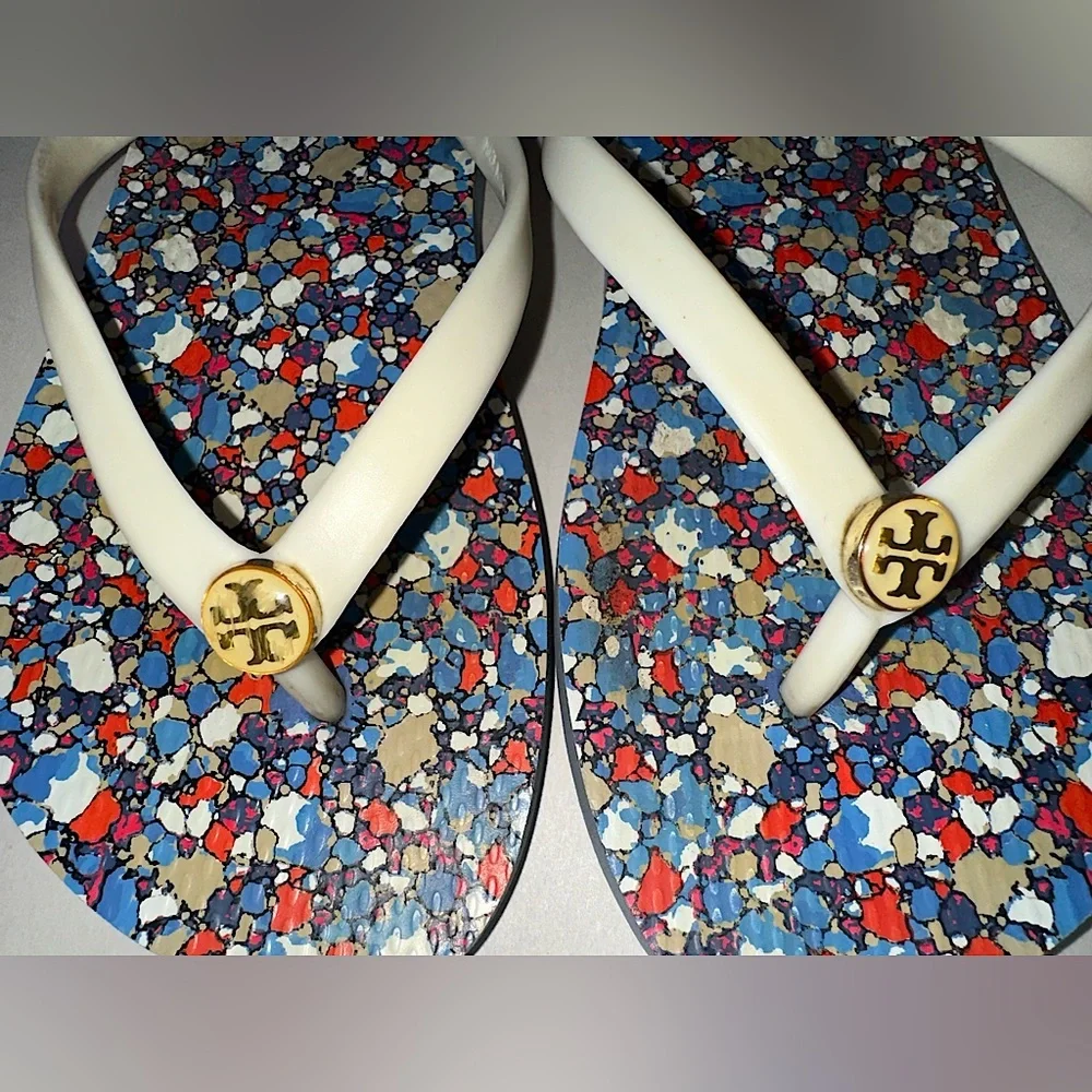 Tory Burch Festival Linosa Logo Thongs Sandals Leather Upper Blue Shoes 8